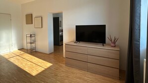 Ein Zimmer mit Holzboden, einem Fernseher auf einer Holzkommode, einer kleinen Pflanze und einem Metallregal.