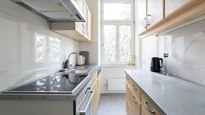 Une cuisine moderne équipée d’une cuisinière, d’un évier et de placards, une fenêtre donnant sur des arbres, et une bouilloire posée sur le plan de travail.