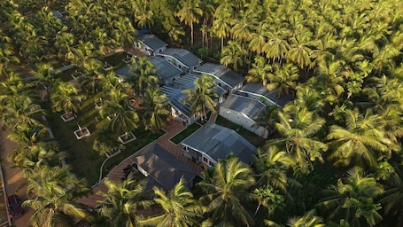 An aerial view of a resort with multiple buildings surrounded by palm trees.. Aarna Coastal Resort