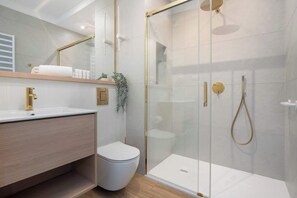 Shower, hair dryer, towels, shampoo