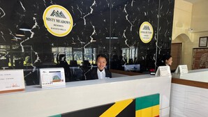 A reception desk with a flag design, a marble wall, and two signs for MISTY MEADOWS RESORTS KASAIHI HILLS. - Misty Meadows Resort (Solan)