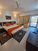 A hotel room with a bed, two chairs, a desk, a ceiling fan, and a large window.