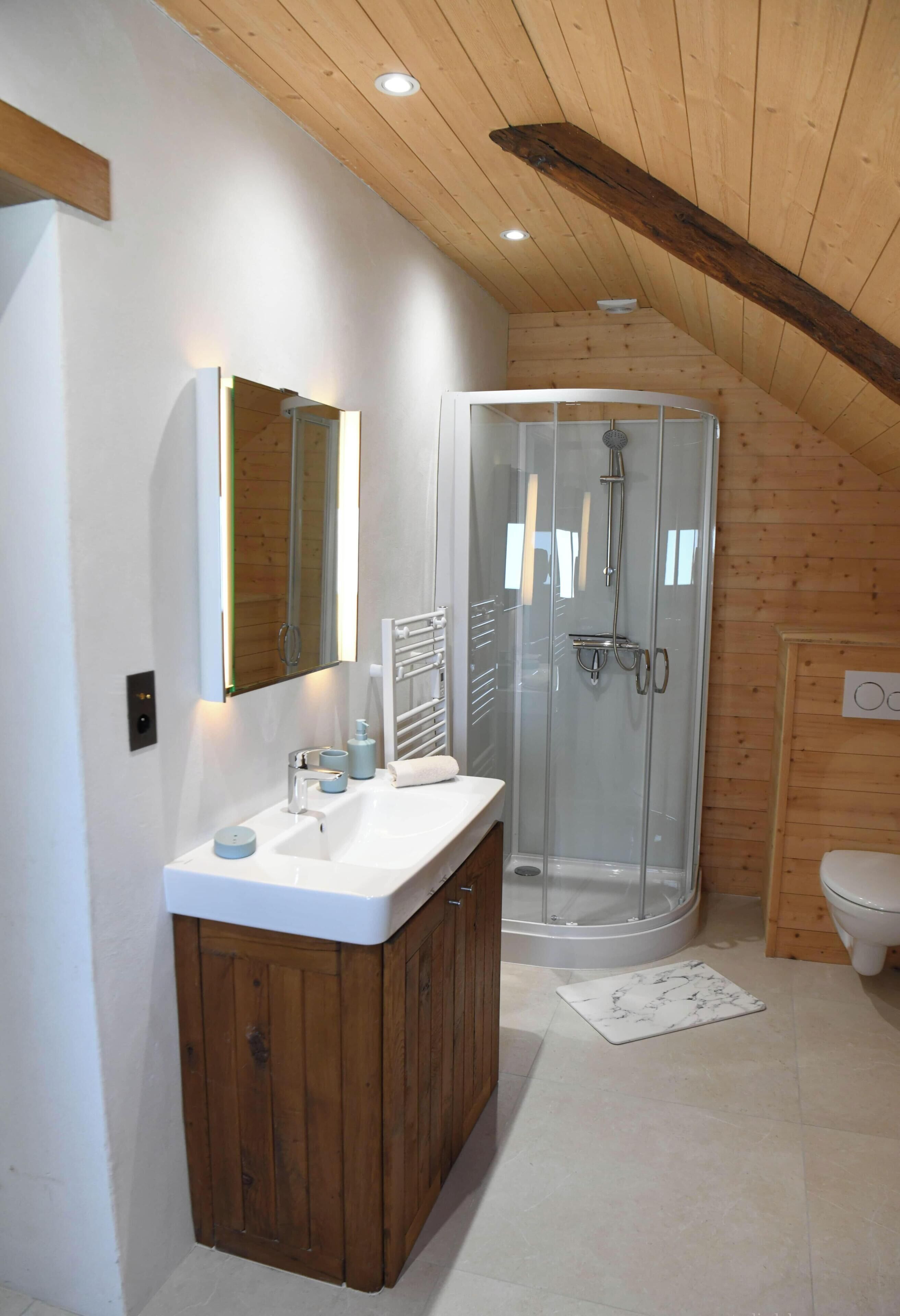 A bathroom with a wooden ceiling, a glass shower enclosure, a white sink, and a toilet.
