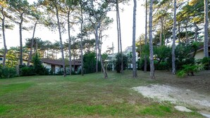 Un jardín con césped, árboles y un edificio al fondo.