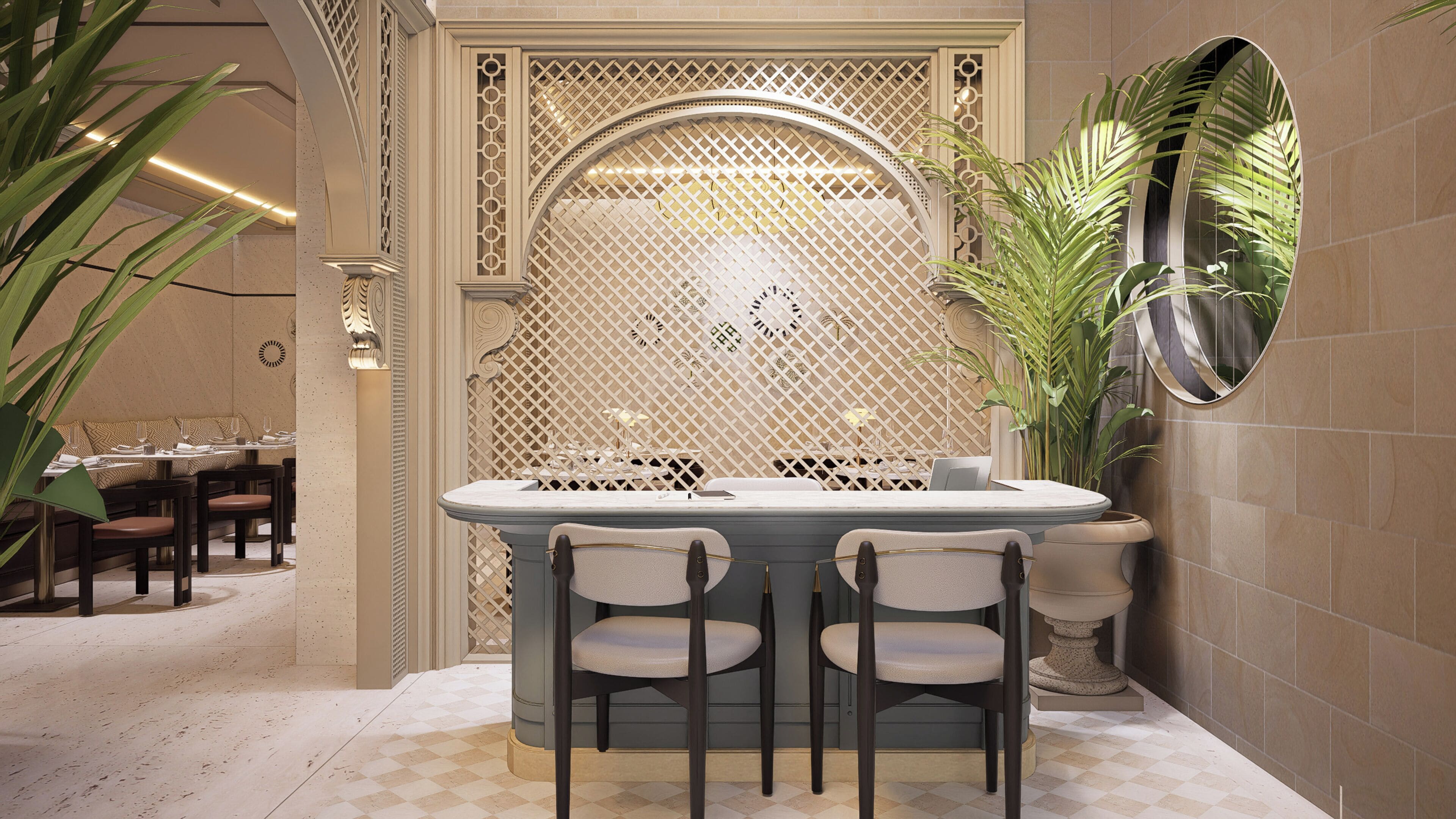 A bar area with a round table, two chairs, a decorative screen, and a mirror on the wall.