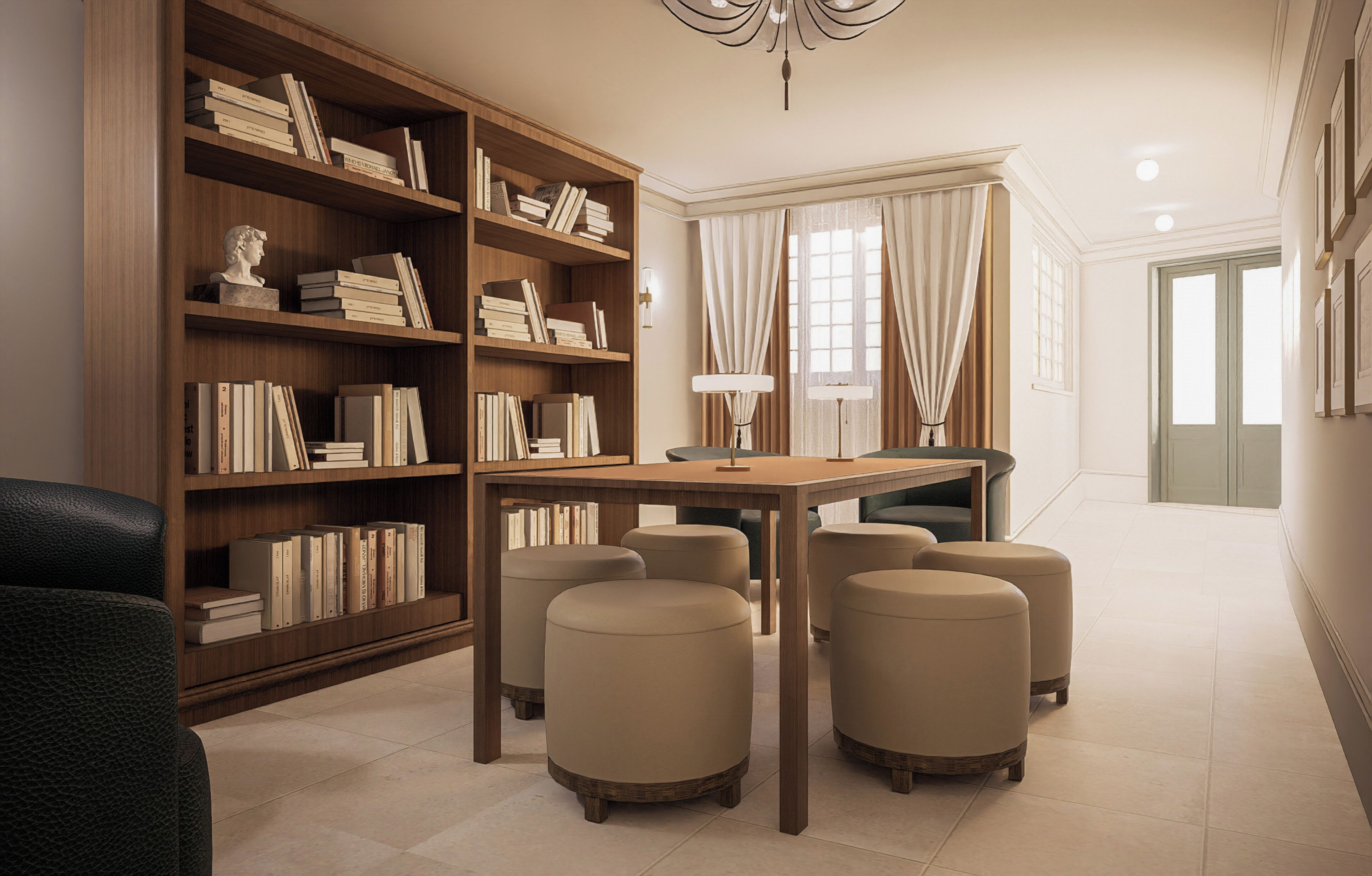A room with a wooden bookshelf, a table with chairs, and a lamp.