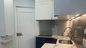 Una cocina compacta con un lavabo, una encimera y armarios.