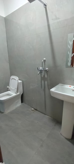 A bathroom with a shower, toilet, and sink. - Hotel Baldev Palace (Vrindavan)