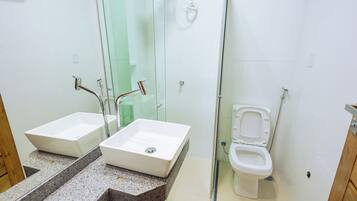Shower, towels, soap, toilet paper