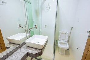 Shower, towels, soap, toilet paper