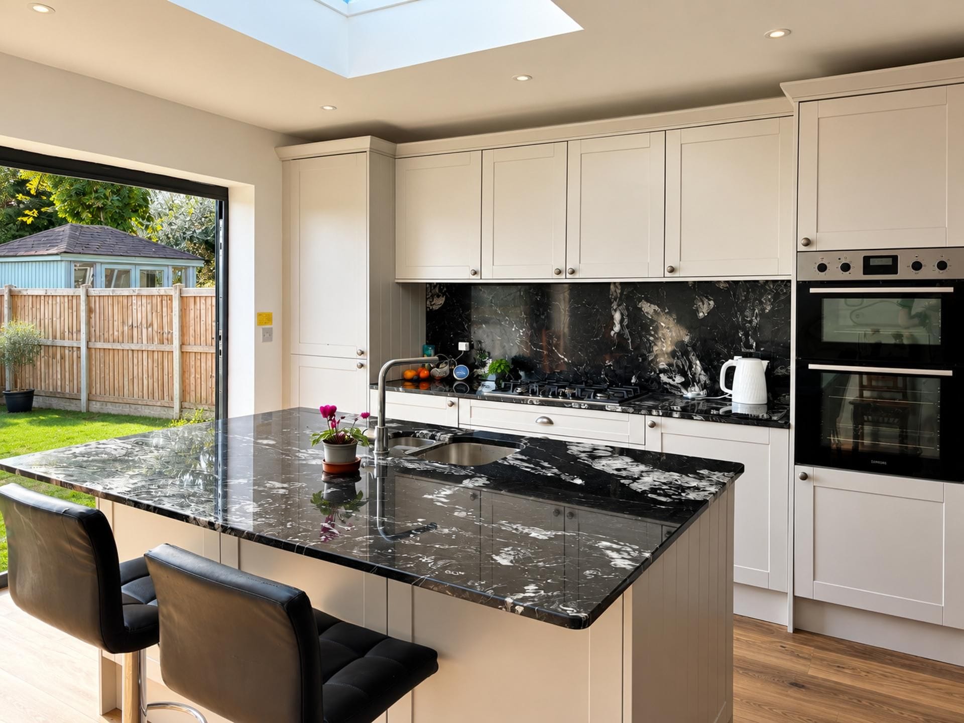 A modern kitchen with a large island, built-in appliances, and a view of the backyard.