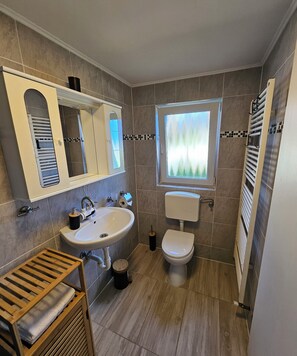 Dusche, Haartrockner, Handtücher, Toilettenpapier