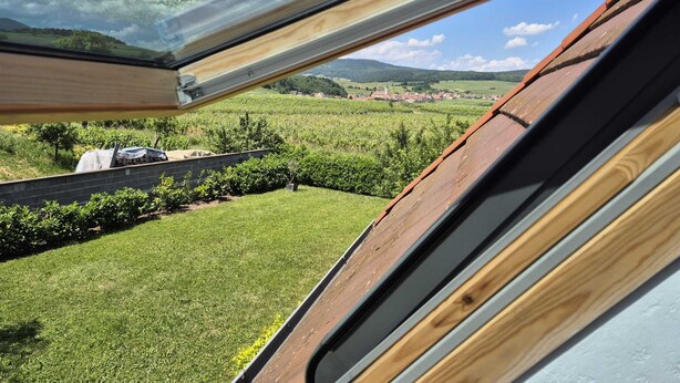 A view through a window of a grassy area with a building in the background. - L'orée du vignoble - Le Nid, Alsace, self catering Alsace, wine route (Blienschwiller)