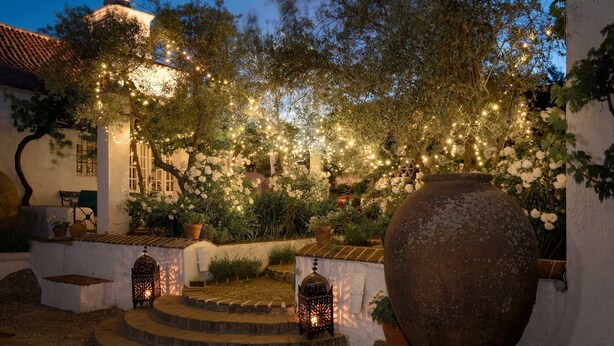 A courtyard with steps leading to a building, surrounded by trees and potted plants. - Private Andalusian Estate for Groups Retreats (Cazalla De La Sierra)