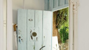 A room with a rustic blue door, a white ornate mirror, and a vase with dried flowers. - Private Andalusian Estate for Groups Retreats (Cazalla De La Sierra)