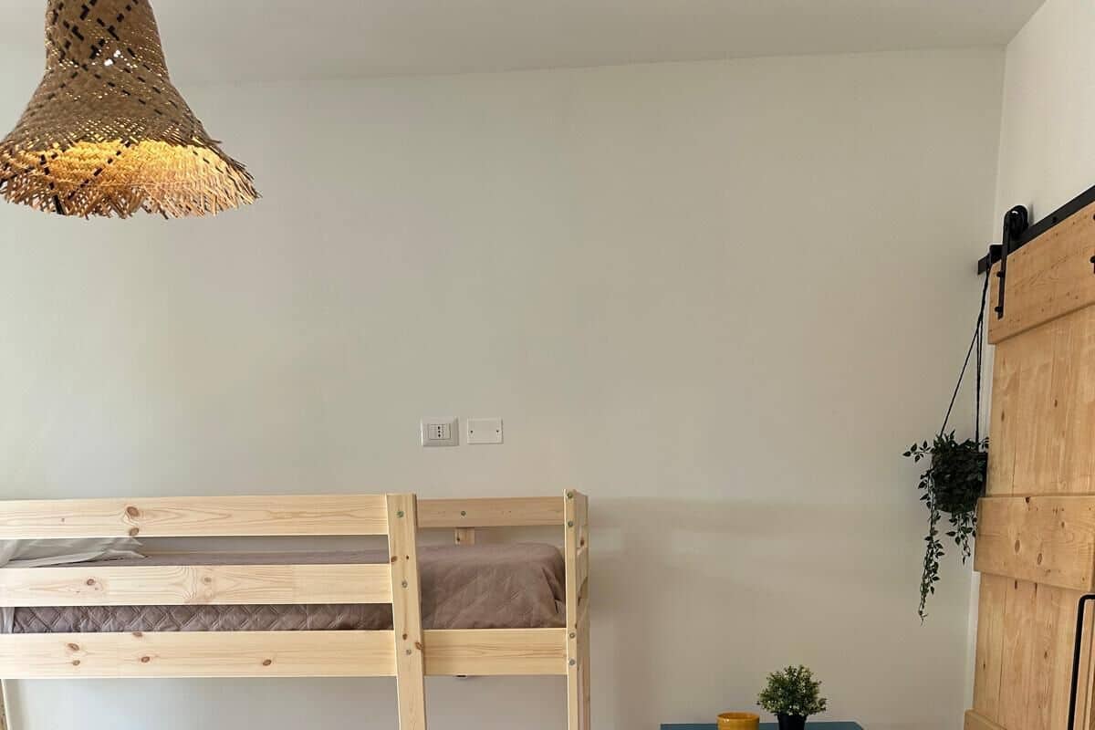 Una cama litera con escalera, una mesita de noche con una planta y un armario.