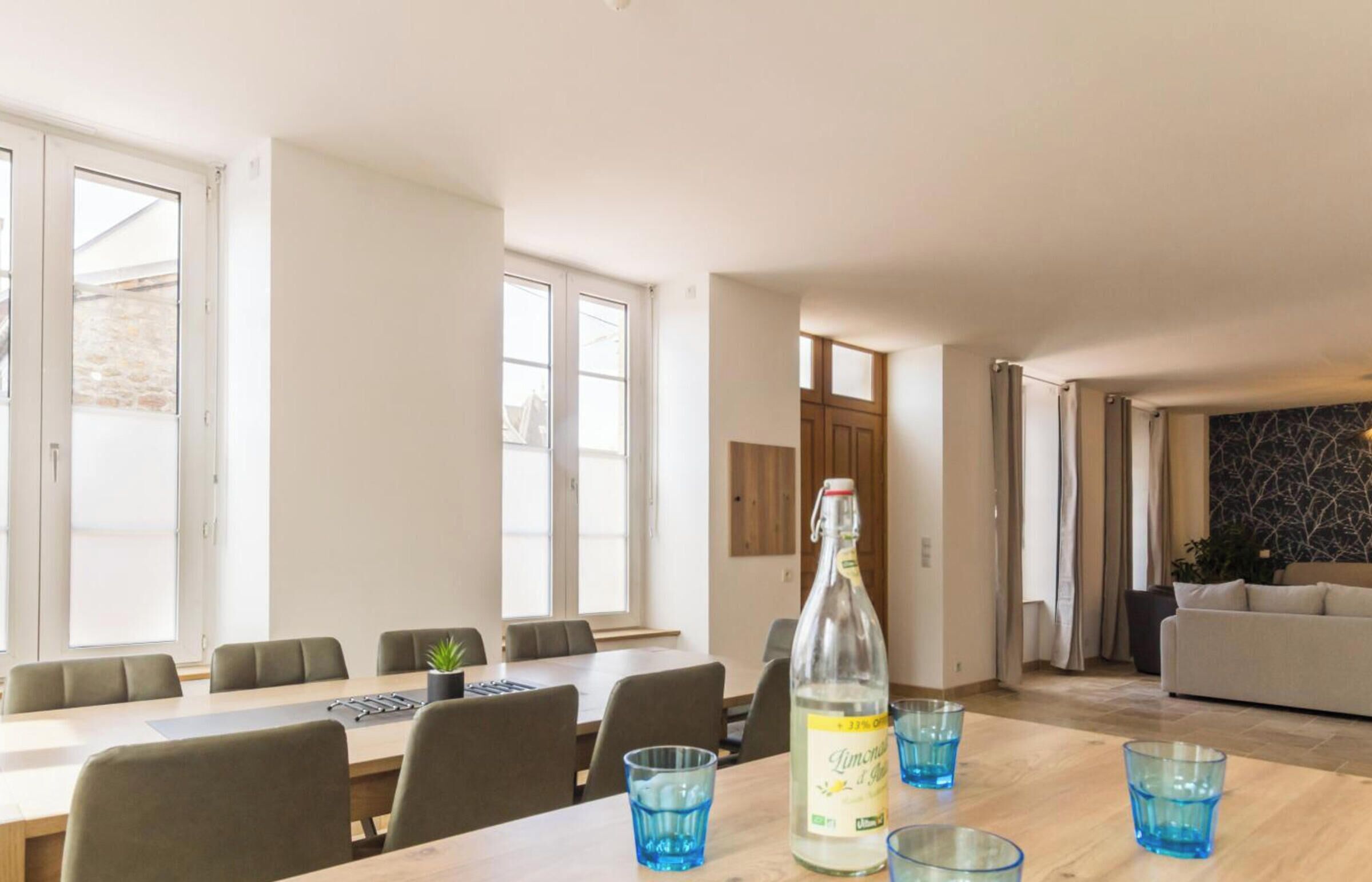 Une pièce spacieuse avec une grande table à manger, plusieurs chaises, une bouteille d’eau et un canapé.