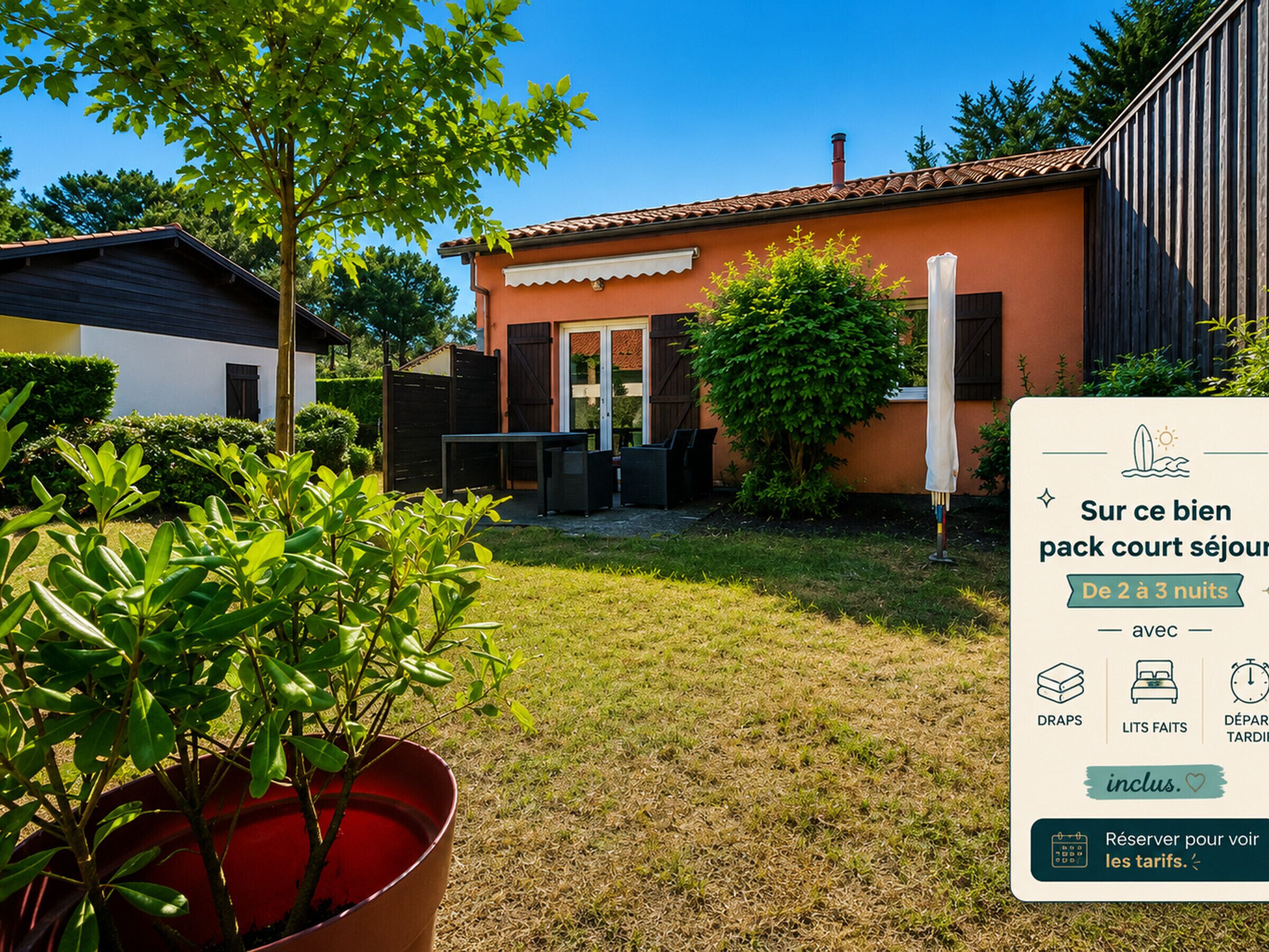 A house with a garden, a patio, and a sign indicating a 2-3 night stay with amenities like towels, beds, and breakfast.