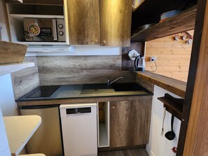 A compact kitchen with wooden cabinets, a built-in microwave, a sink, and a dishwasher. - Cozy triplex apartment - 4 guests (32m²) (Avoriaz)