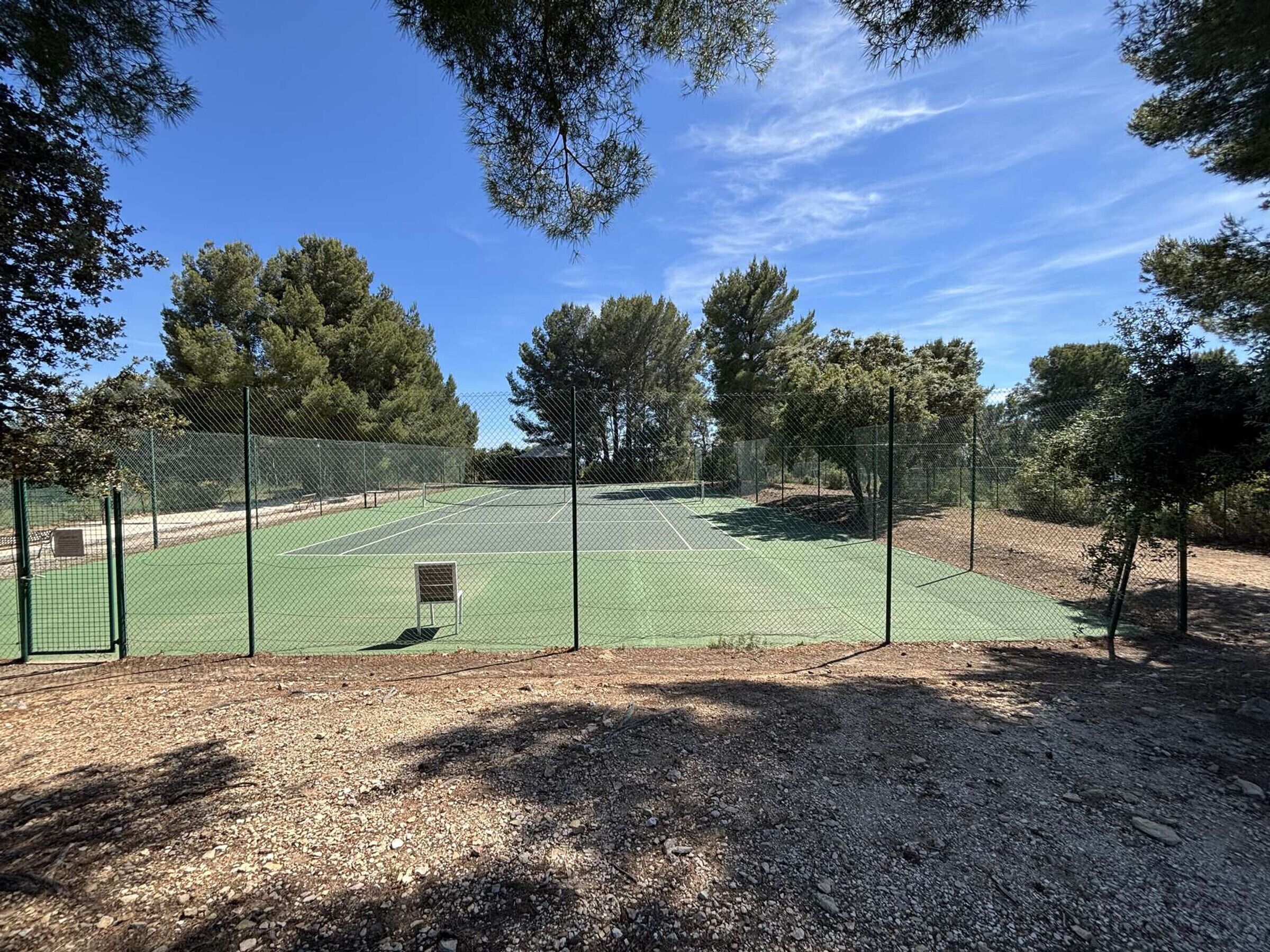 Ein Tennisplatz im Freien, umgeben von Bäumen.