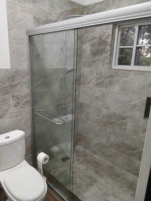 A glass-enclosed shower with a toilet and a window above it.