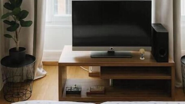 Ein modernes Zimmer mit Fernseher auf einem Holzboden, einem Blumentopf und Blick auf ein Gebäude durch ein Fenster mit Vorhängen.