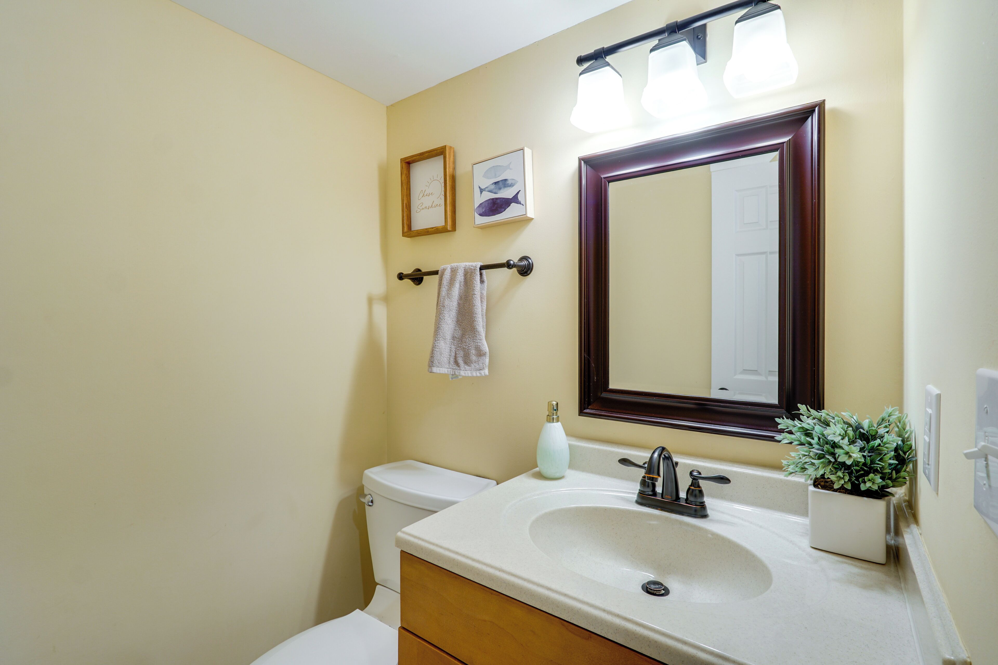 A bathroom with a toilet, sink, mirror, towel rack, and a framed picture on the wall.