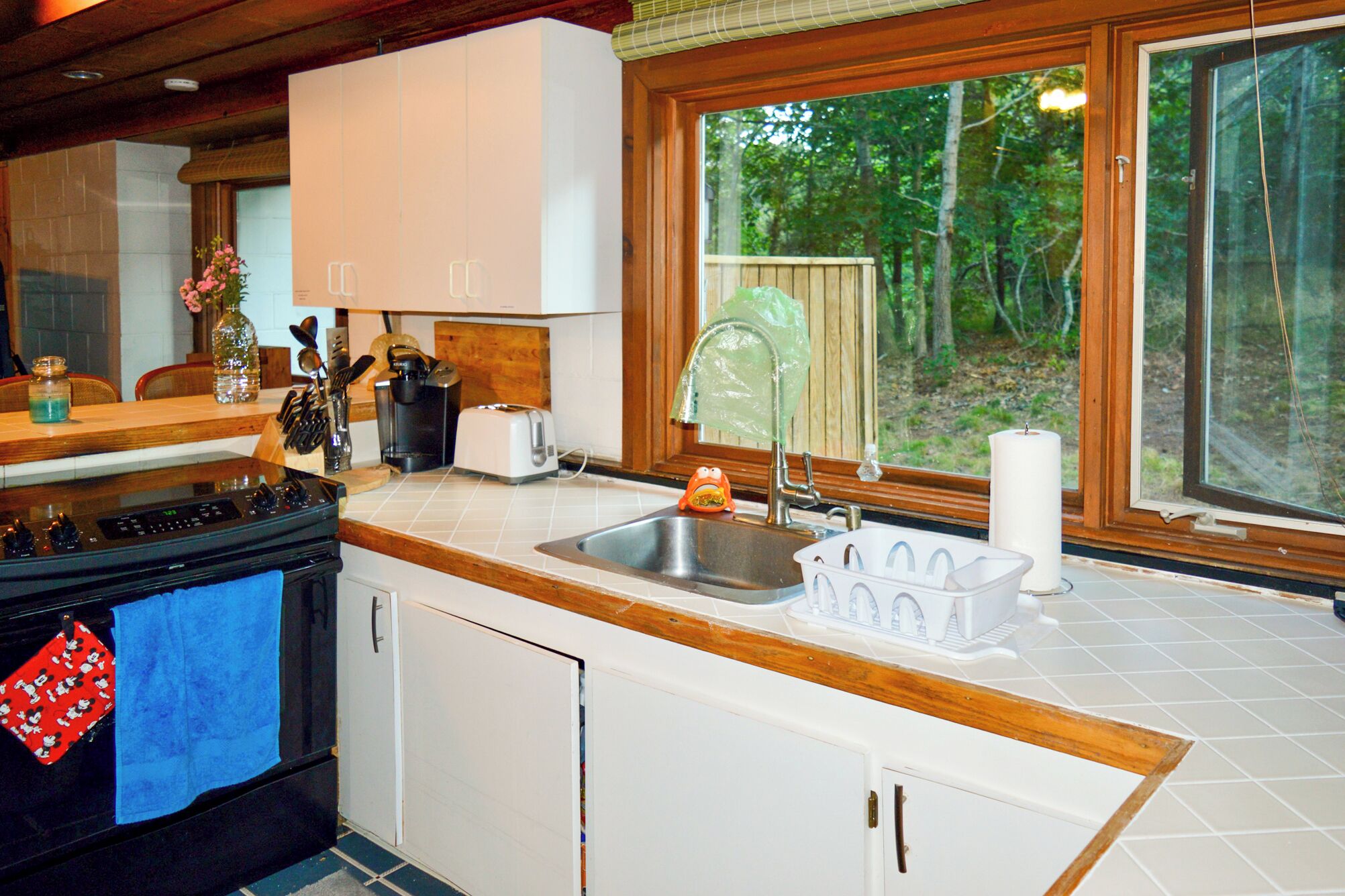 A kitchen with a stove, sink, and window overlooking a wooded area.