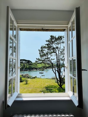 Janela aberta com vista para um lago, árvores e uma área gramada.