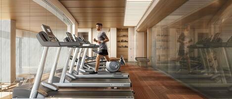 A modern gym with treadmills, a weight bench, and a mirrored wall.