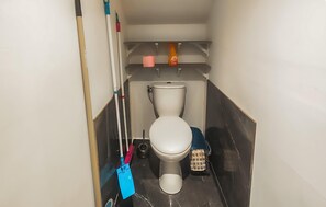 A narrow bathroom with a toilet, a mop, a broom, and cleaning supplies. - Confortable Appartement (Servian)