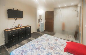 A bedroom with a bed, a dresser, a television, a wardrobe, and a shower area. - Confortable Appartement (Servian)