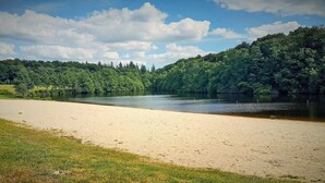 Ein sandiger Strand mit einem ruhigen See, umgeben von dichtem Wald.
