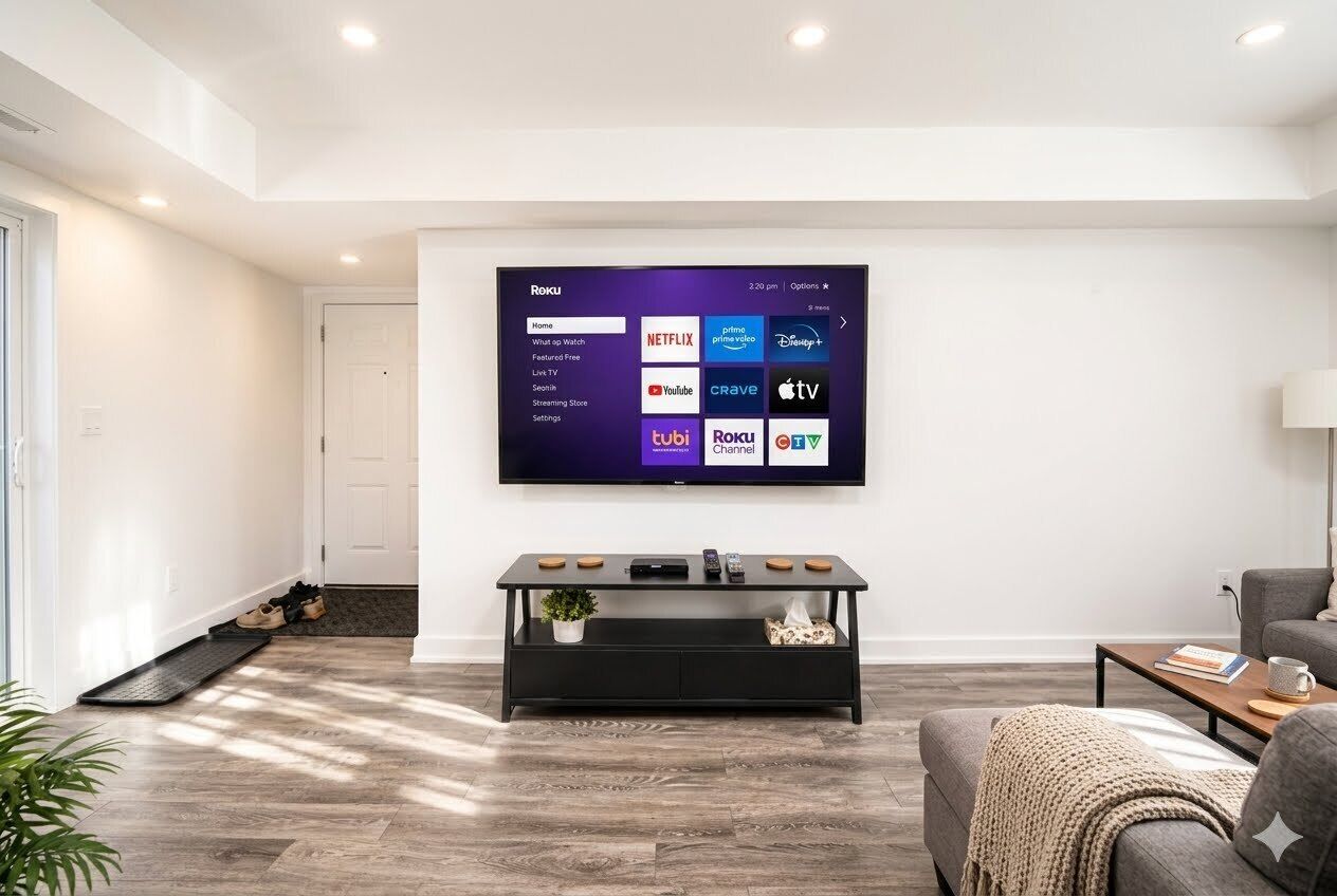 Ein modernes Wohnzimmer mit einem an der Wand befestigten Flachbildfernseher, einem schwarzen Konsolentisch und einem grauen Sofa.