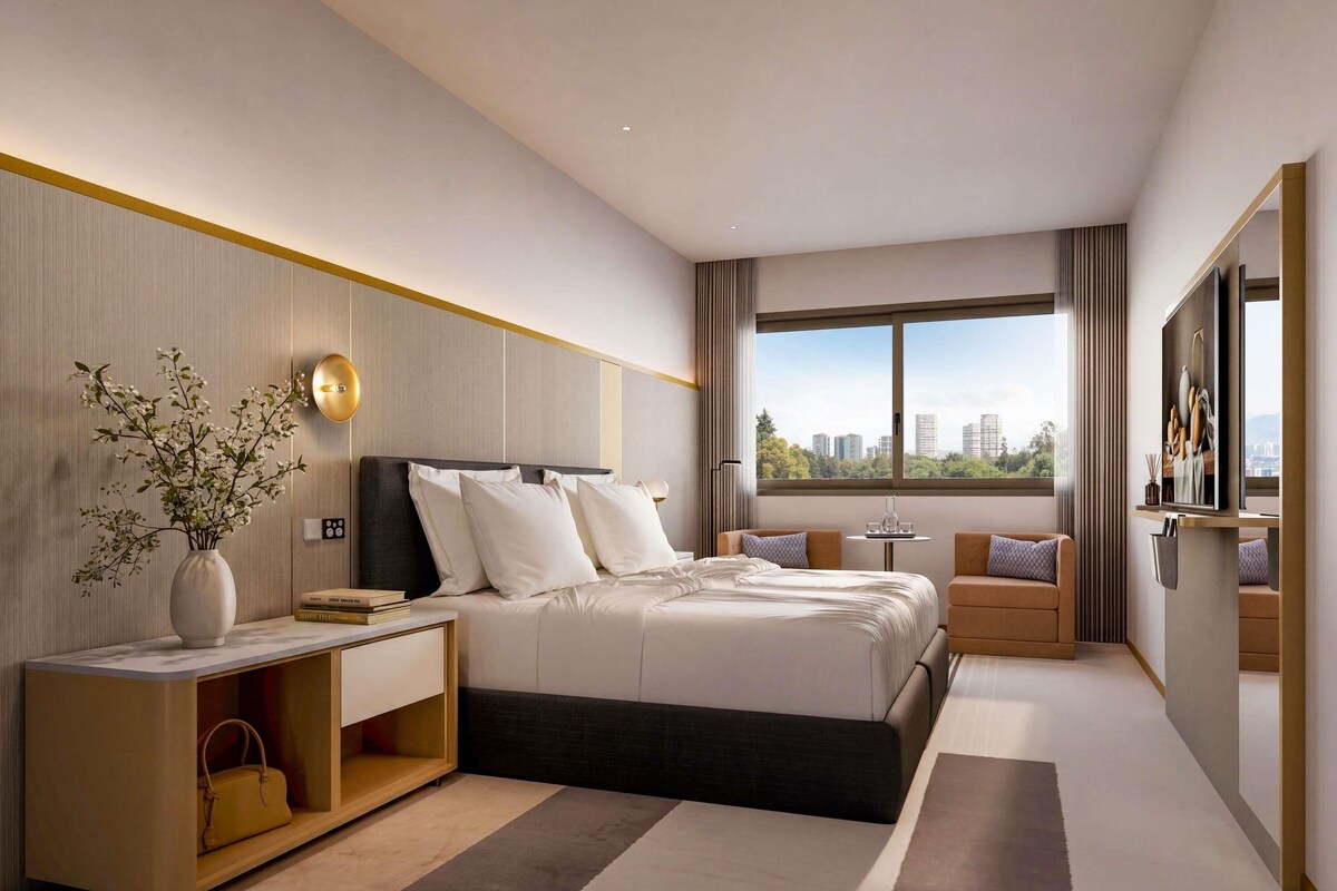 Una habitación de hotel moderna con una cama grande, una mesita de noche, una pequeña mesa, un sofá, un televisor y una ventana con vista a la ciudad.
