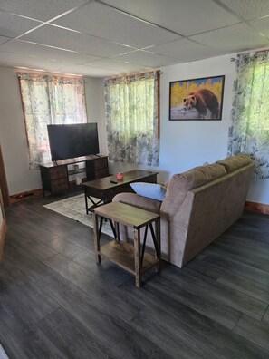 Olohuone, jossa on sohva, televisio, pieni pöytä ja matto.
