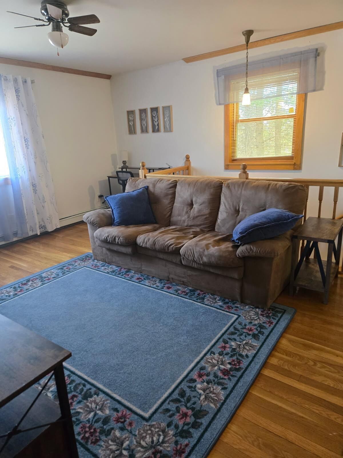 A living room with a brown leather sofa, a blue rug, a wooden dining table, and a ceiling fan.