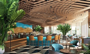 A modern bar area with wooden ceiling, bar stools, and a large plant.