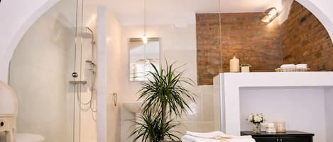 Chambre de base double | Salle de bain | Douche, séchoir à cheveux, serviettes fournies, papier de toilette