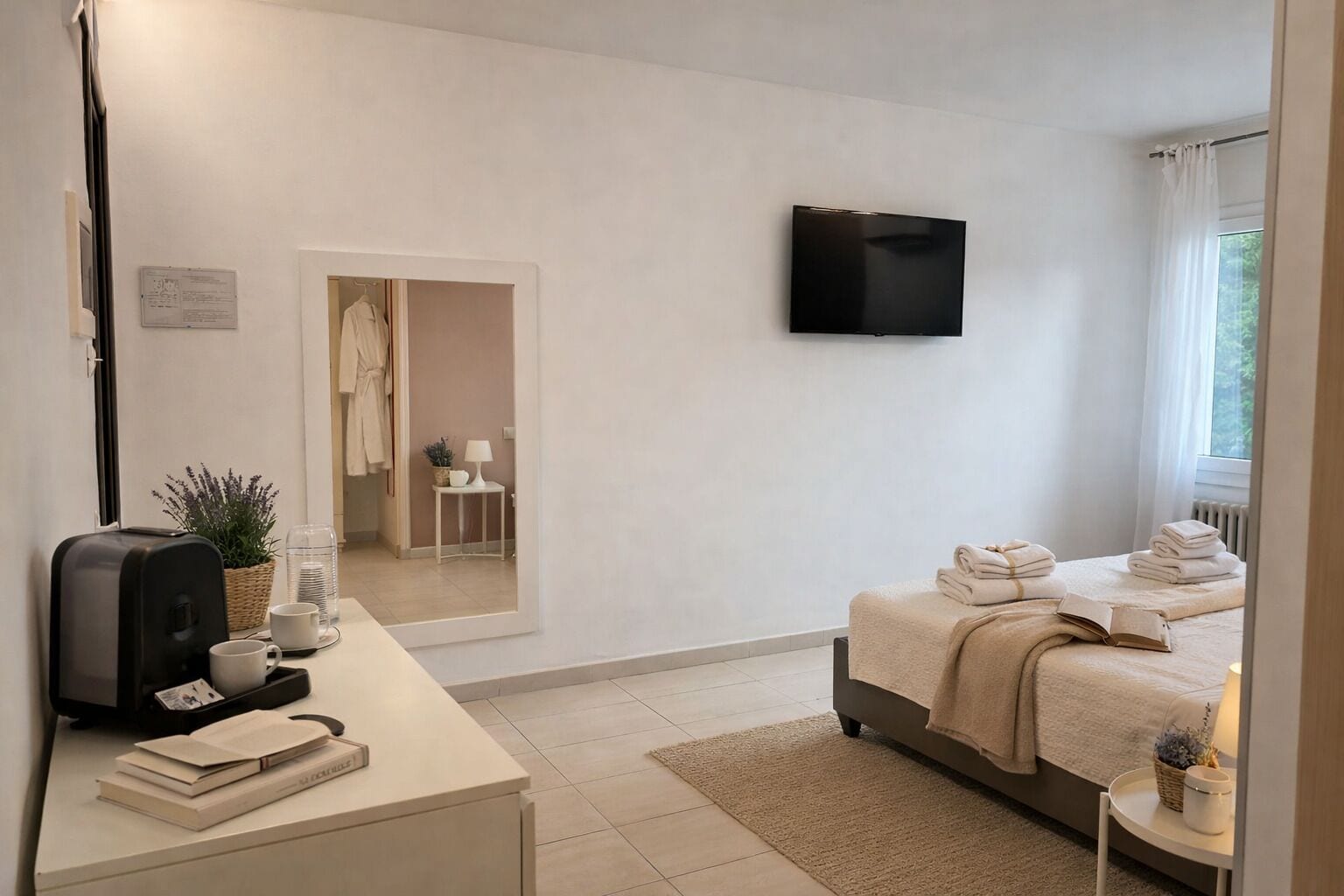 Habitación de hotel con cama, escritorio con cafetera, televisión y vistas al exterior.