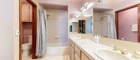A bathroom with a toilet, shower, and a double sink with a large mirror.