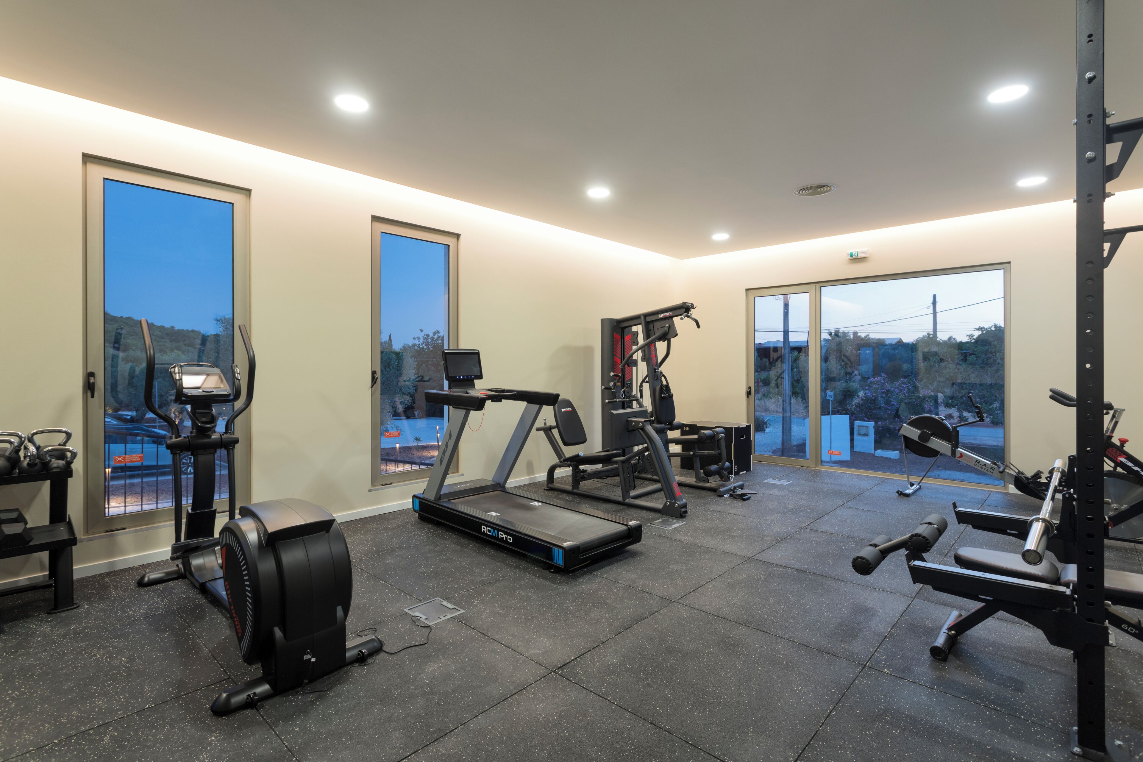 Un gimnasio con equipo cardiovascular, máquinas de pesas y un espejo grande.