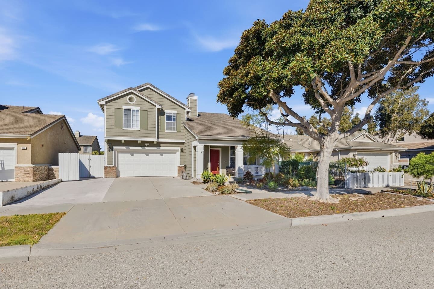 A residential street with houses, a driveway, and a tree.