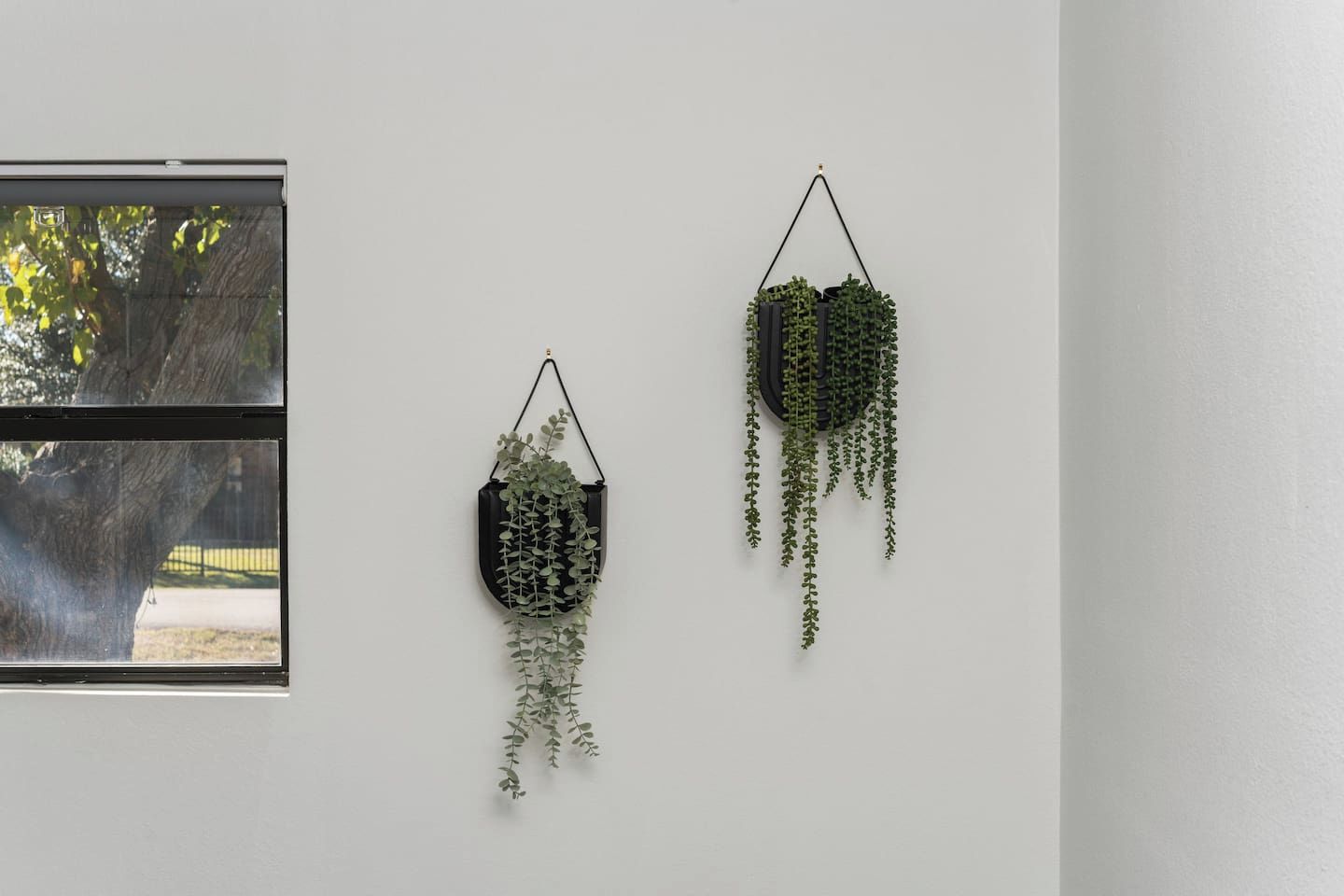Twee hangende plantenbakken aan een muur.