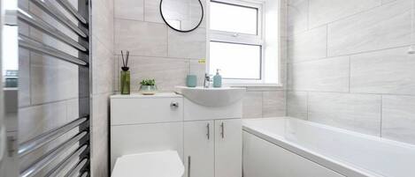 Hair dryer, bidet, towels