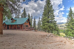 A log cabin with a green roof, a porch, and a swing set. - New Listing! Quiet Mtn Cabin | River and Mtn Views | Expansive Deck (Creede)