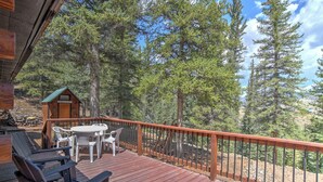 A wooden deck with outdoor seating and a view of a forest. - New Listing! Quiet Mtn Cabin | River and Mtn Views | Expansive Deck (Creede)
