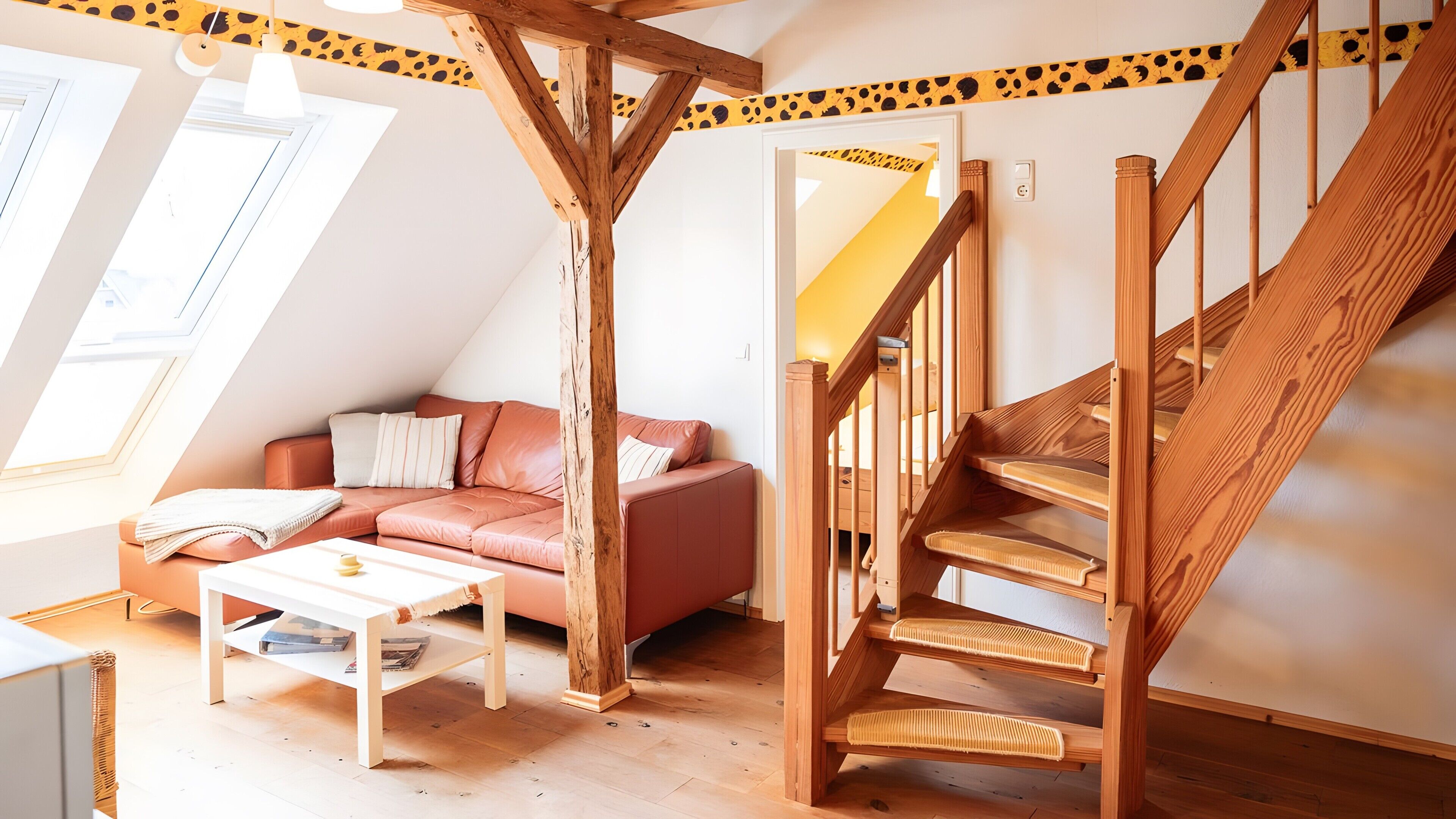Ett rum i loftstil med en trätrappa, en soffa och ett litet bord.