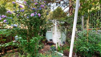 A garden with a wooden arbor, a small shed, and various plants.