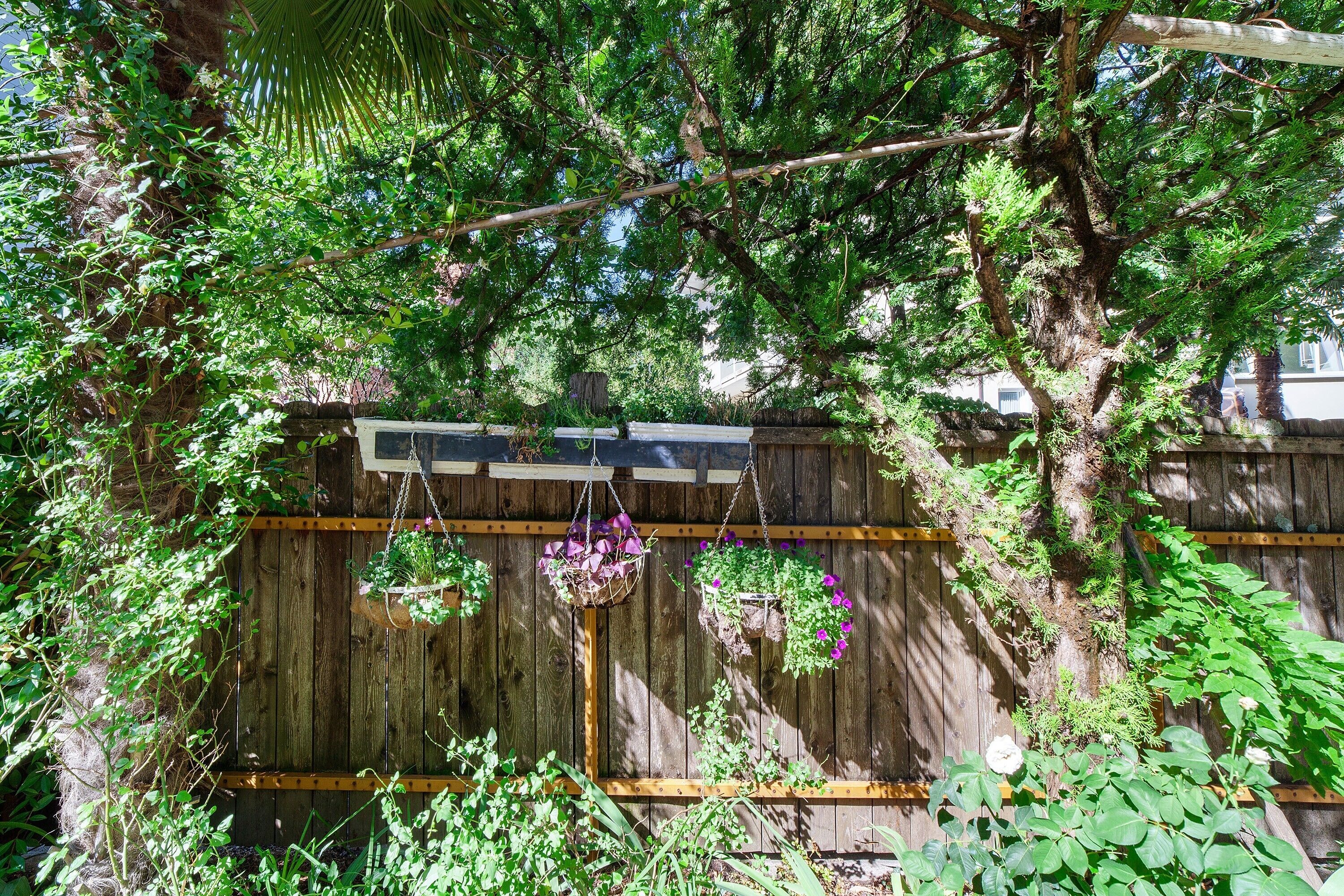 A wooden fence with a hanging planter and a bird feeder.